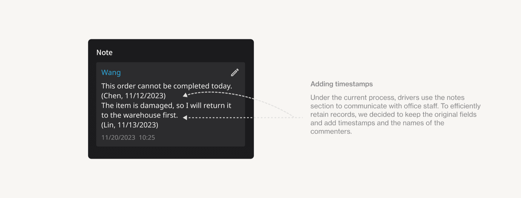 Carried-over notes and comments with timestamps on a new task