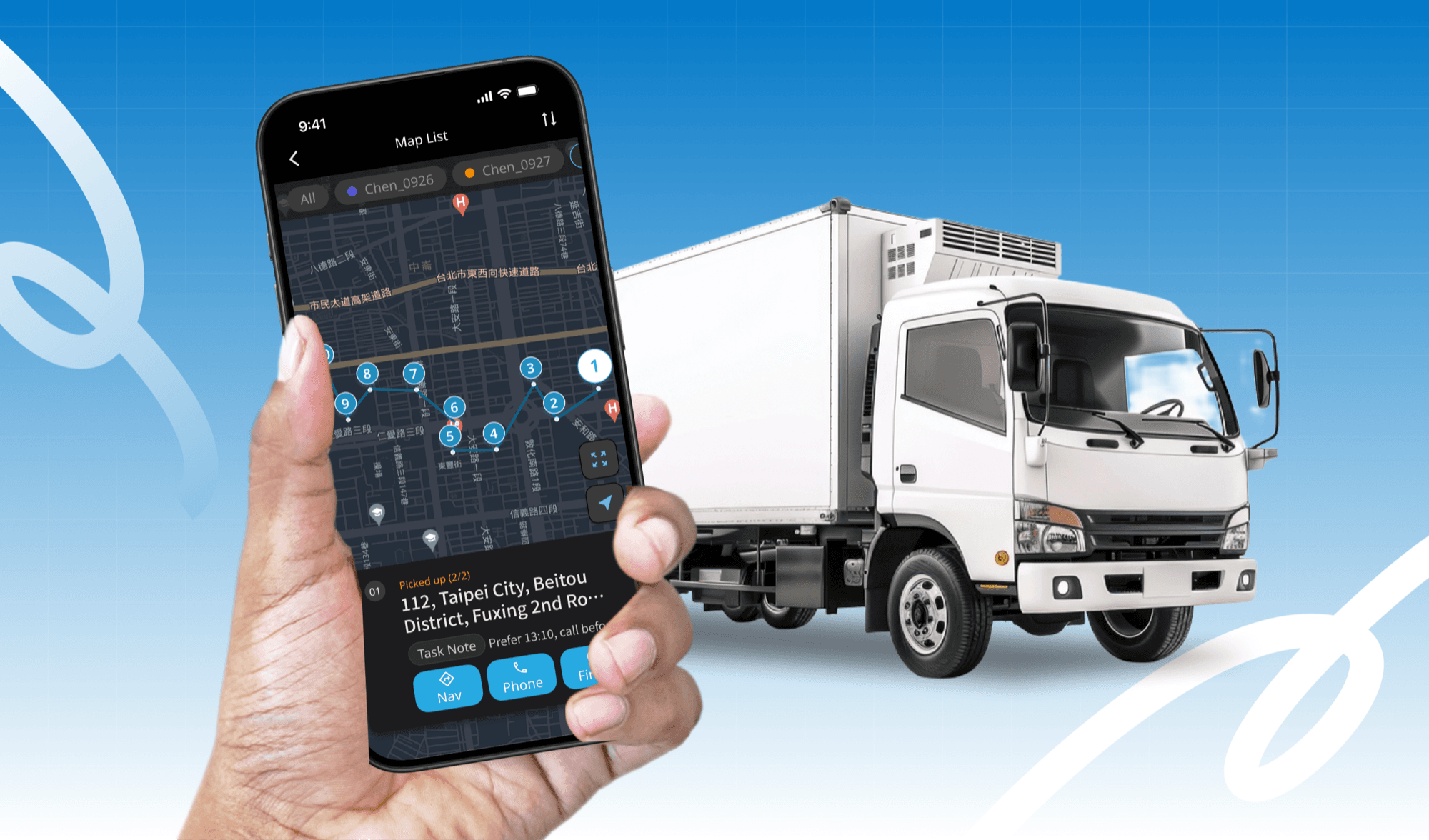 The 3drens driver app's map view on a phone held in front of a white delivery truck