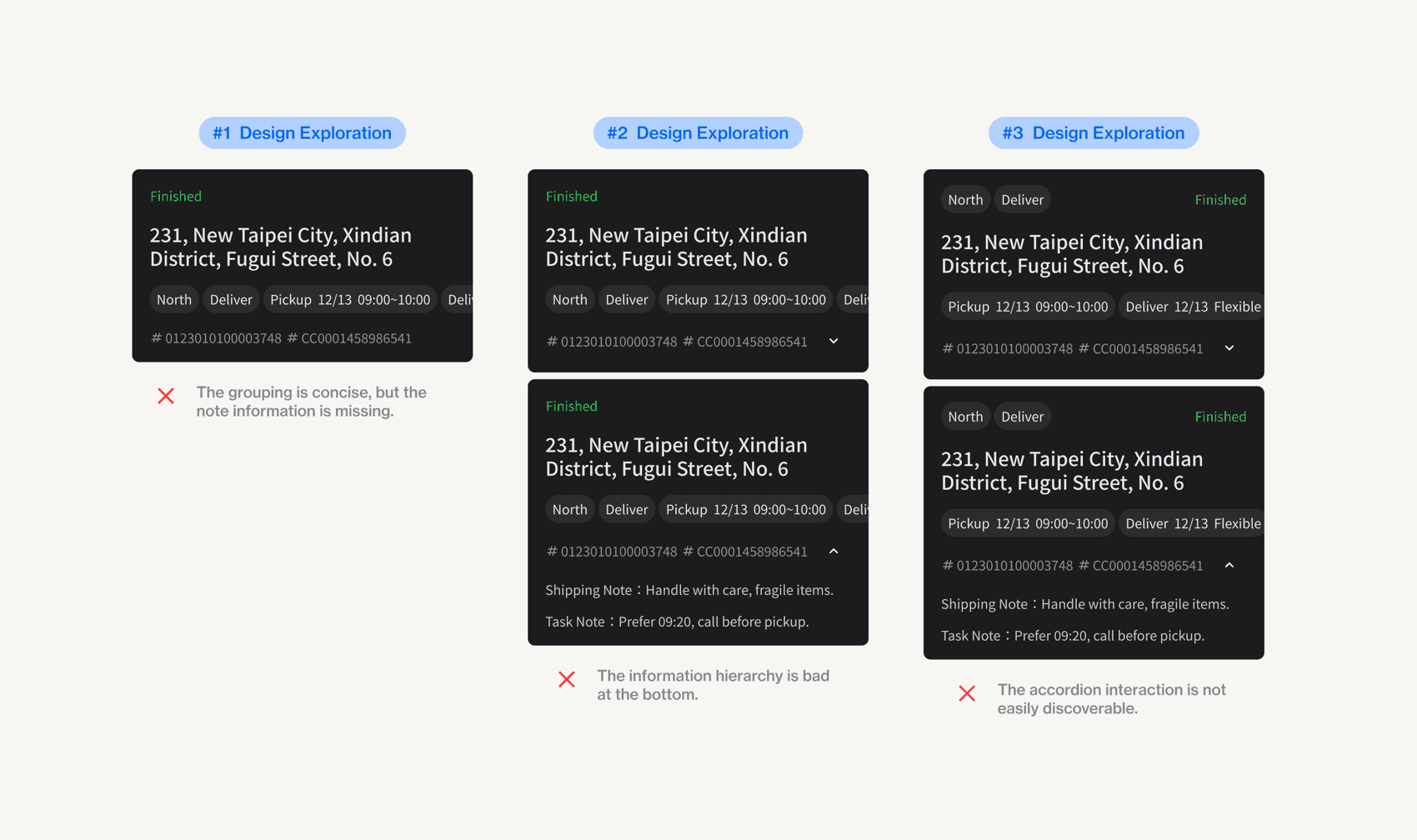 Design explorations for the task card