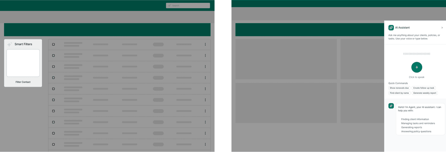Two early explorations: a Smart Filters panel over the client list, and an AI Assistant side panel with voice input and quick commands