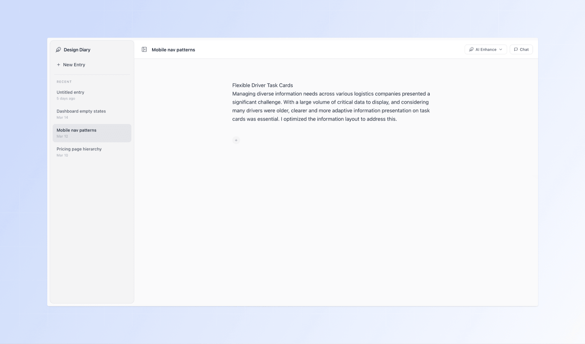The Design Diary web app, an entry list on the left and a notes document on the right with the AI Enhance button at the top