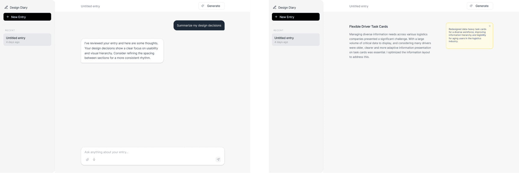 Two early iterations of Design Diary: an AI chat panel beside the notes, and AI annotations added automatically in the margin