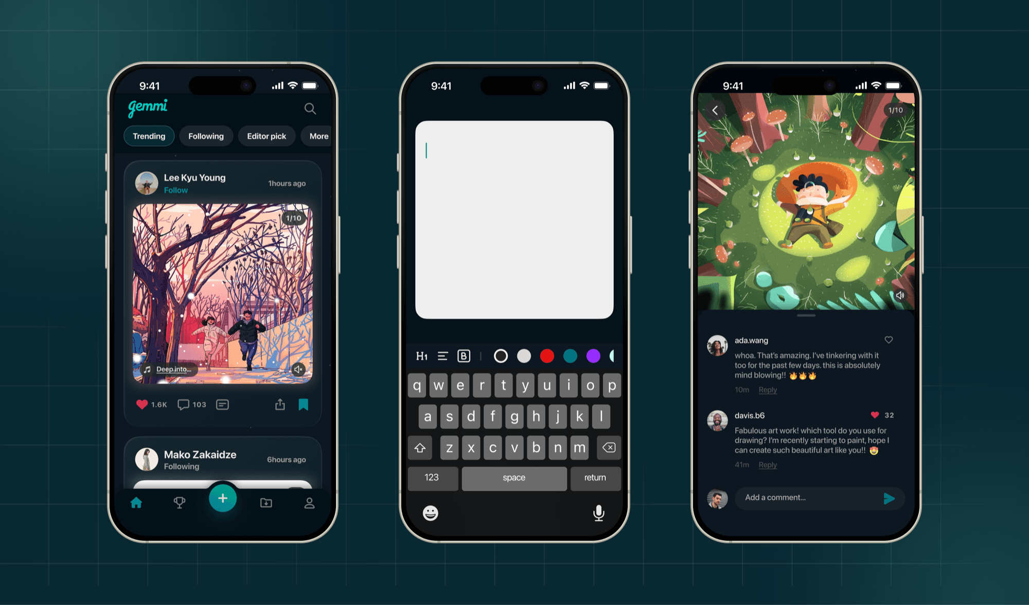 Three Gemmi app screens on phones, the home feed, the post editor, and an artwork post with comments