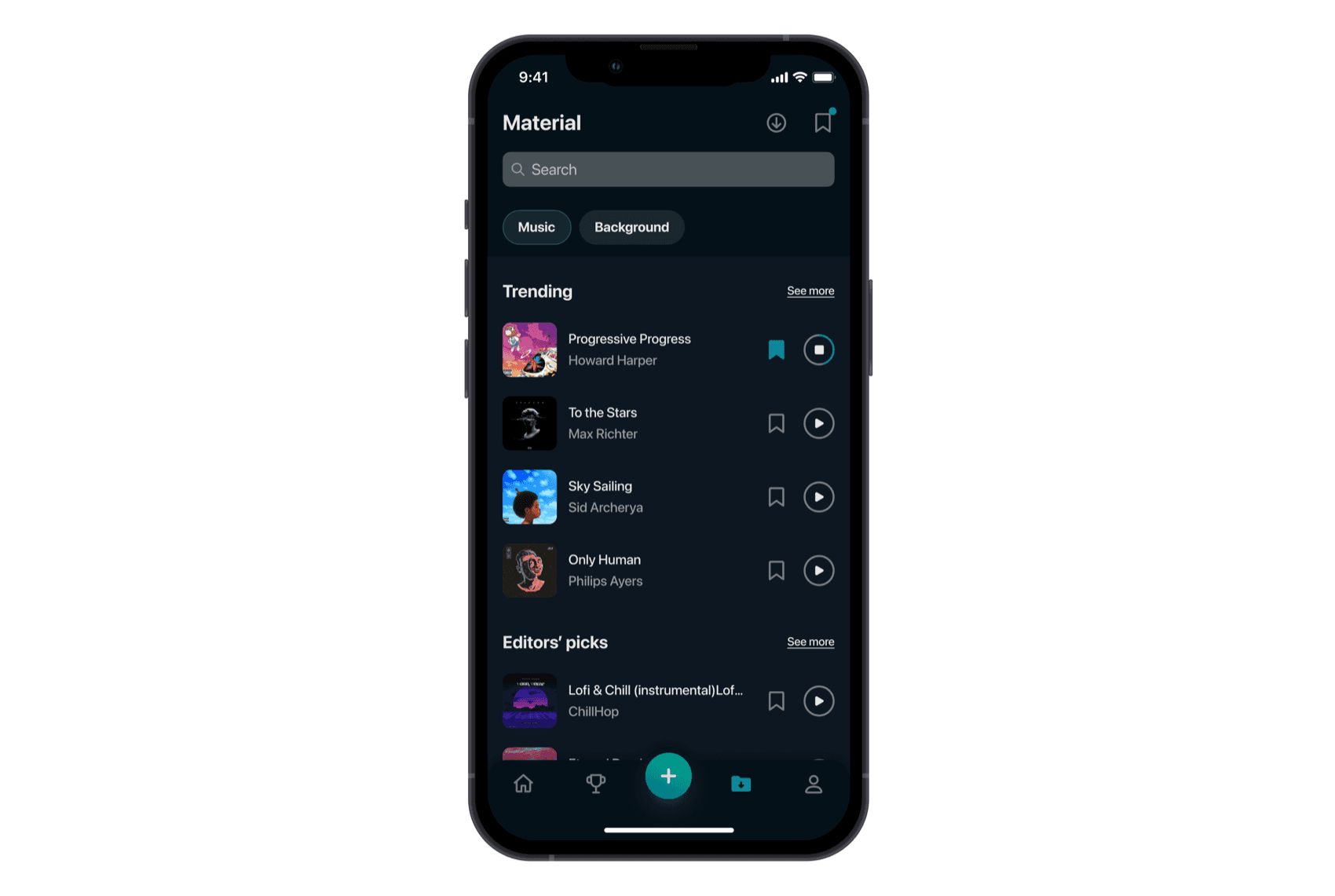 The Material library with Music and Background tabs and trending tracks