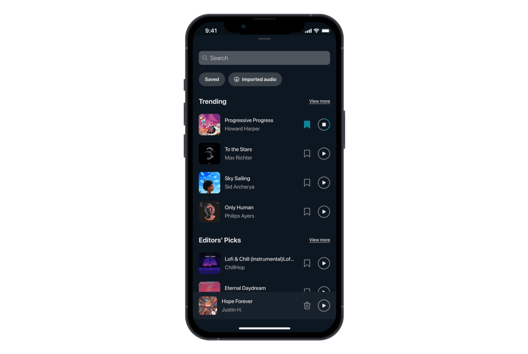 The music tool: search, Saved and Imported audio filters, and Trending and Editors' Picks track lists