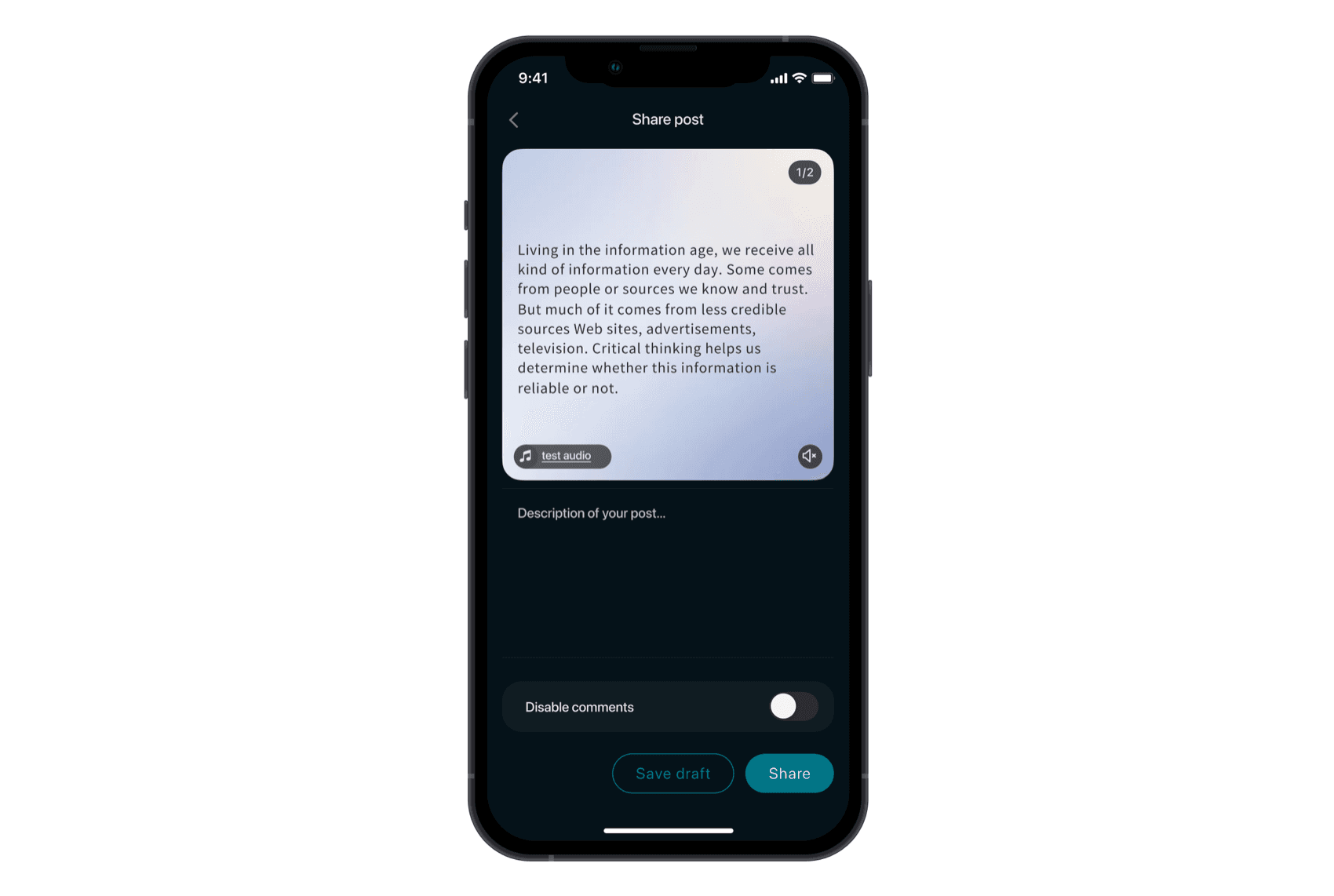 The Share post screen: post preview, description field, a Disable comments toggle, and Save draft and Share buttons