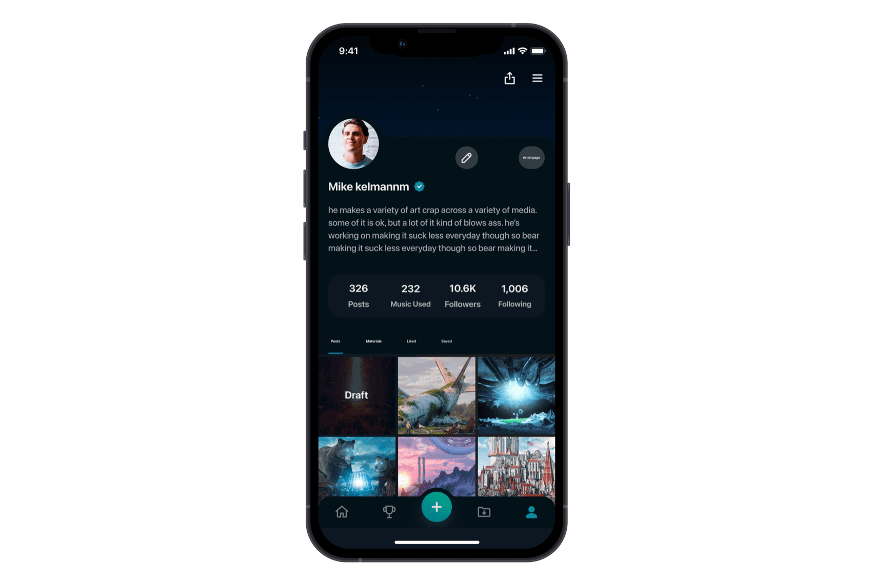 A user profile with bio, post and follower counts, and a grid of the user's artwork posts